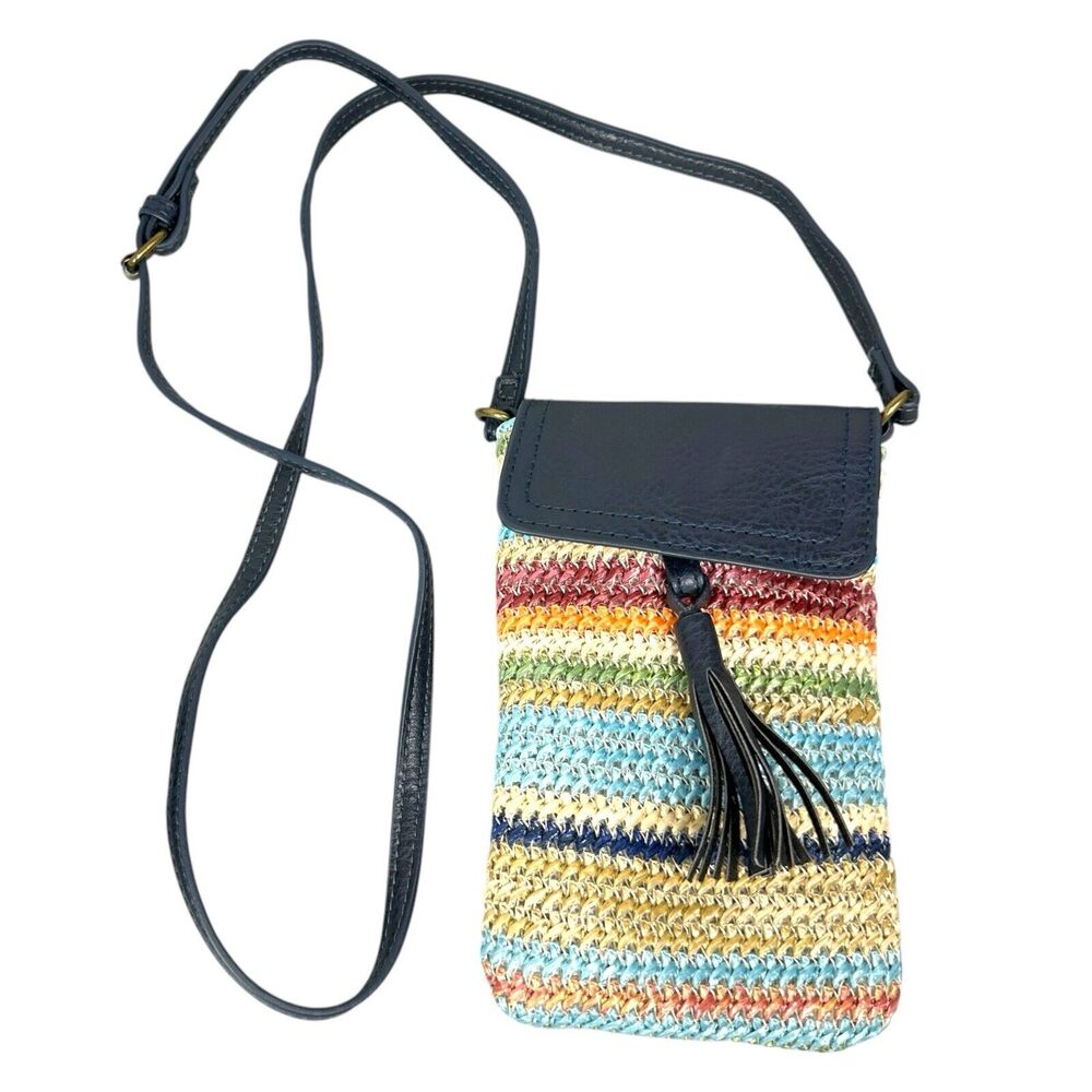 Sun N Sun Woven Straw Stripe Crossbody Small Pocket Bag Adjustable Travel Wallet